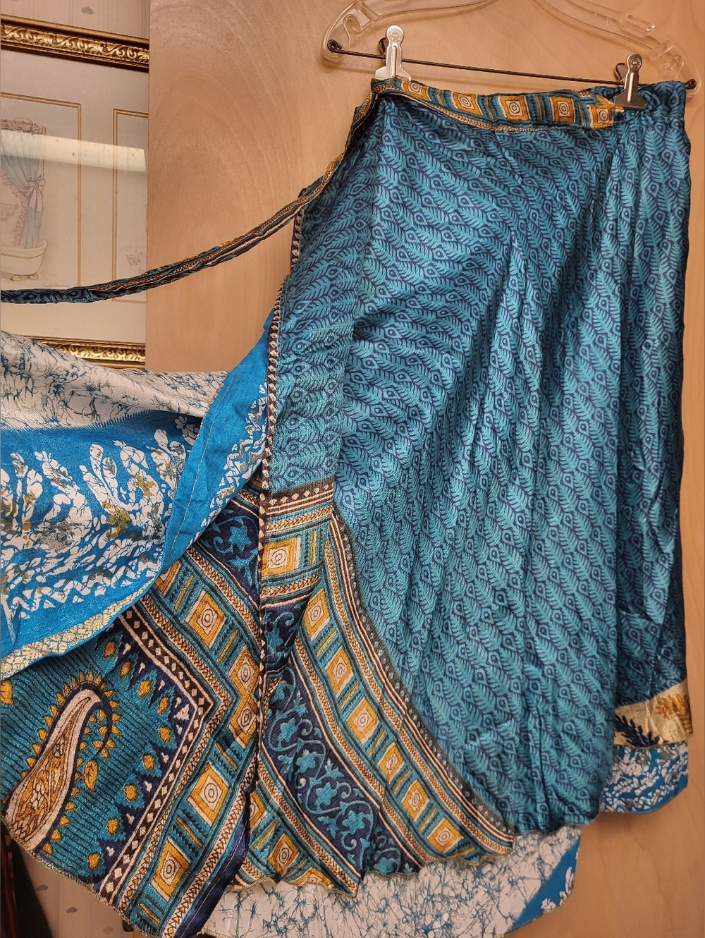 Blue Gold Boho Reversible Tie Summer Beach Swim Skirt Sz Free S To 2X